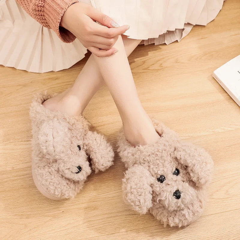 Gacimy Winter Warm Cotton Slippers For Women Comfortable Cute Dog Furry Shoes Couple Indoor Soft Platform Bedroom Plush Slippers