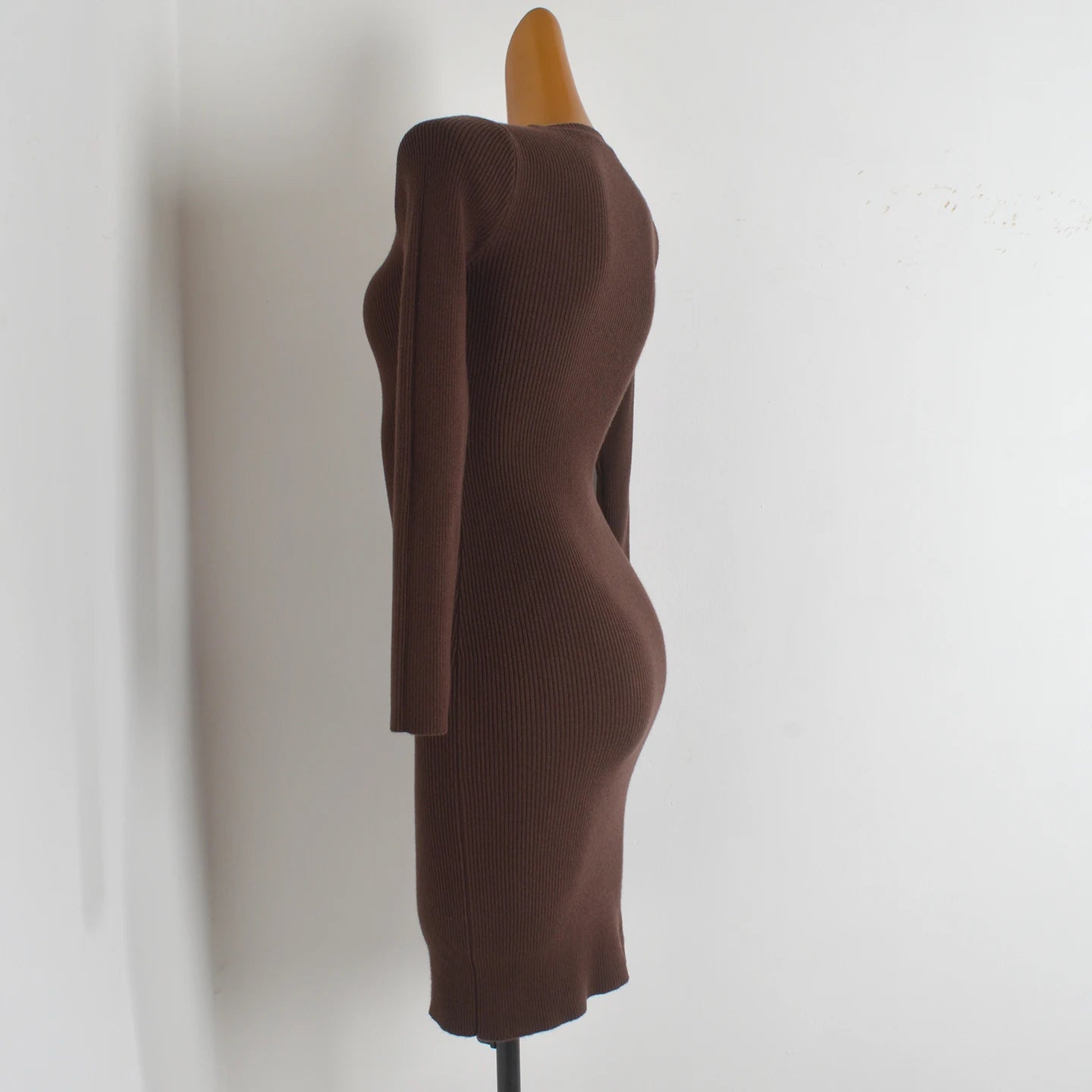 Spring Autumn Knitted Elastic Waist Dress Coat Design Button round Neck Bodycon Skirt Casual Style Long Sleeve Women's Dress