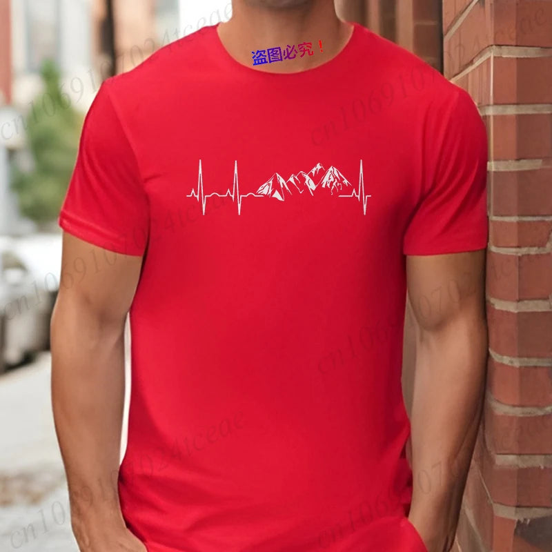 Mountain Heartbeat T-shirt for Men Climbing Hiking Graphic Y2k Tops Casual Streetwear Short Sleeve Tees Men's Oversized Clothing