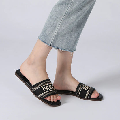 Summer Women Letter Flat Sandals Casual Comfortable Slip Slide 2024 Fashion Vintage Slippers Shoes Classic New