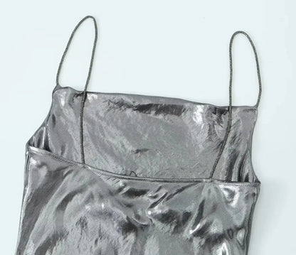 Summer Women Shinning Metallic Color Sling Mini Dress Female Chic Pleat Design Casual Slim Party Vestidos DS5000