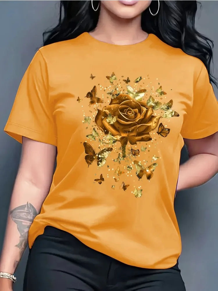 Women's Casual Short-sleeved Round Neck T-shirt - Bright Butterfly and Rose Pattern Print, Spring and Summer Women's T-shirt