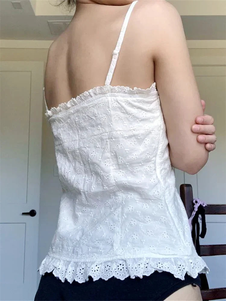 Women Lace White Corset Tank Tops Spaghetti Strap Sleeveless Camisole Tops Y2K Aesthetic Casual Summer Vest Shirts Female