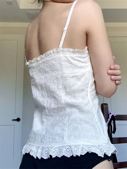 Women Lace White Corset Tank Tops Spaghetti Strap Sleeveless Camisole Tops Y2K Aesthetic Casual Summer Vest Shirts Female