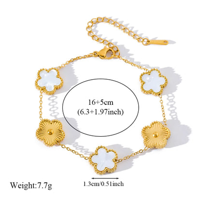Stainless Steel White Plum Blossom Plant Leaf Flower Set Reversible Necklace Earrings Bracelet Women Clover Jewelry