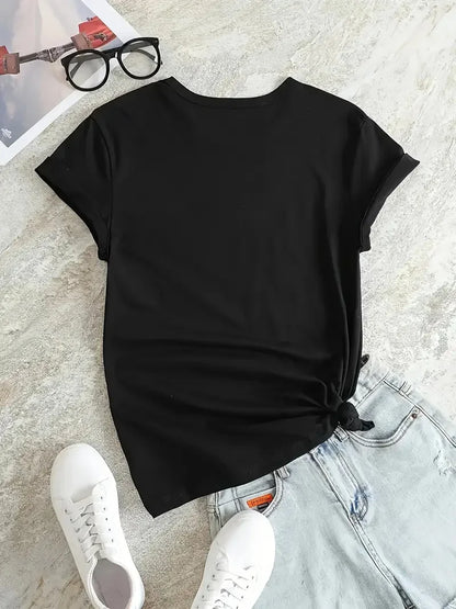 Women's Casual Short-sleeved Round Neck T-shirt - Bright Butterfly and Rose Pattern Print, Spring and Summer Women's T-shirt