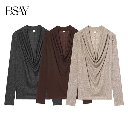 BSAY Knitted T-shirt Women Fashion Autumn Winter Tee Pullover Top Chic Female Long Sleeved draped neckline T-Shirts Mjuer
