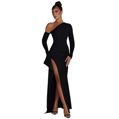 Sexy Diagonal Shoulder Black Dress Fashion Elegant Long Sleeve Split Women Dress Spring Party Evening Long Dress Vestidos