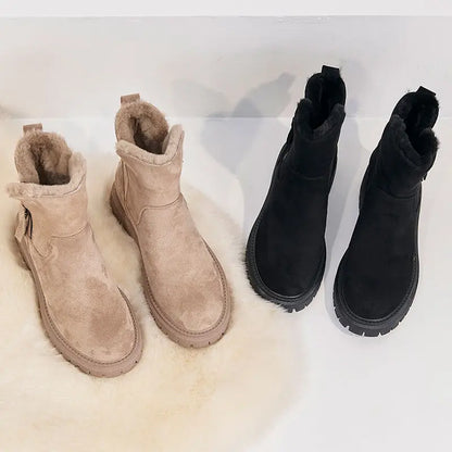 2026 New Winter Women's Snow Boots Trendy Mid Top Plush Thickened Warm Cotton Shoes Leather Wool Integrated Winter Women's Boots