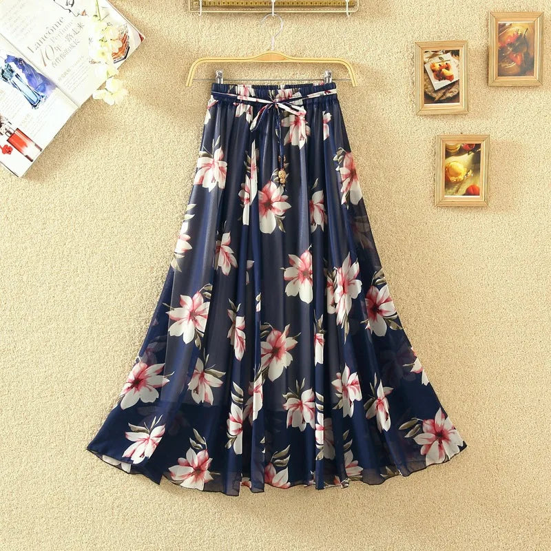 Elegant Chiffon Long Skirts For Women Autumn Casual Women's Floral Print Maxi Skirt Female High Waist Elastic A-Line Skirts