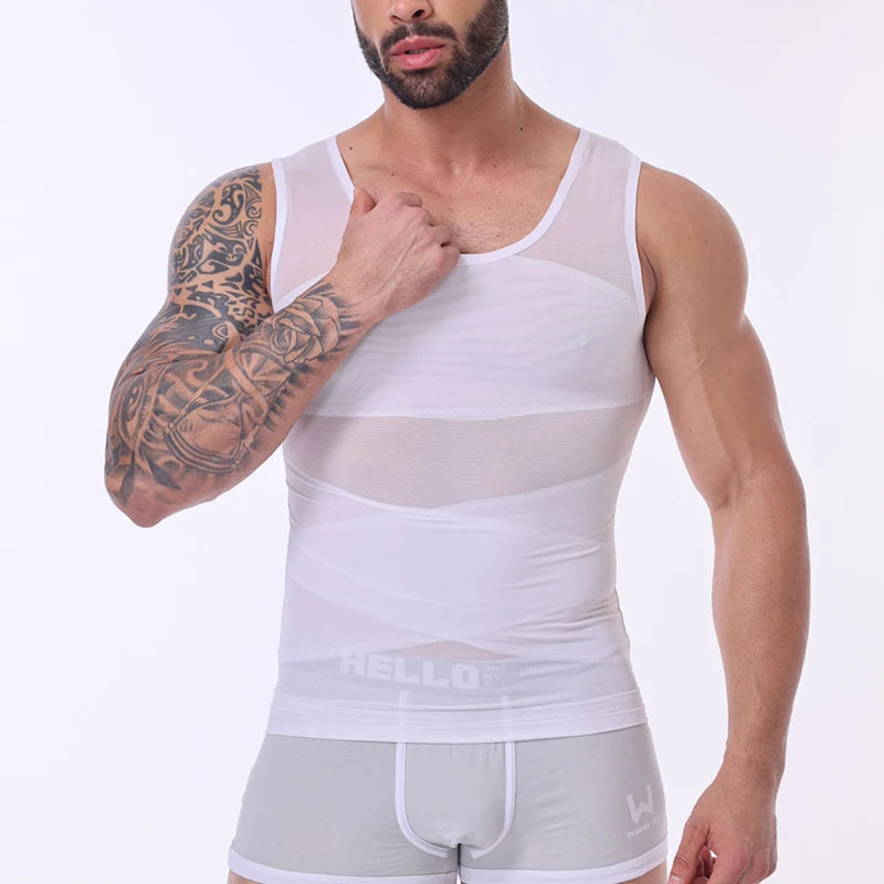Men's Cross Mesh Vest Compression Shirts Breathable Sleeveless Tank Top Shapewear Fajas Slimming Tummy Control Body Shaper