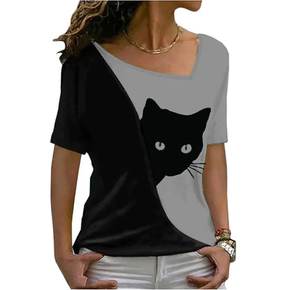 2023 summer women clothes blouse new style inclined collar black cat print short sleeve T-shirt women