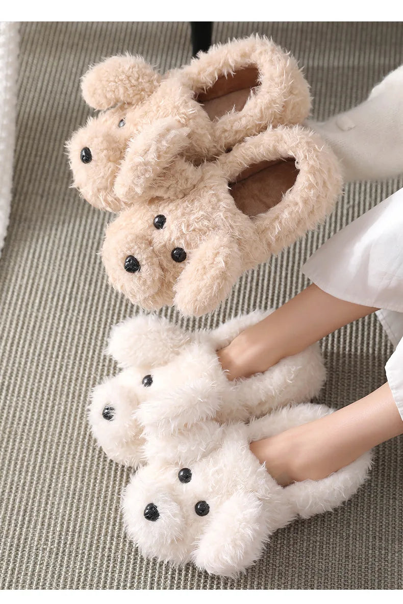 Gacimy Winter Warm Cotton Slippers For Women Comfortable Cute Dog Furry Shoes Couple Indoor Soft Platform Bedroom Plush Slippers