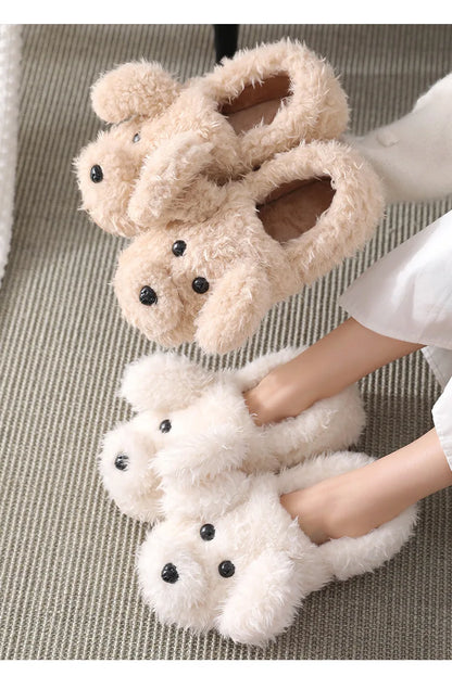 Gacimy Winter Warm Cotton Slippers For Women Comfortable Cute Dog Furry Shoes Couple Indoor Soft Platform Bedroom Plush Slippers