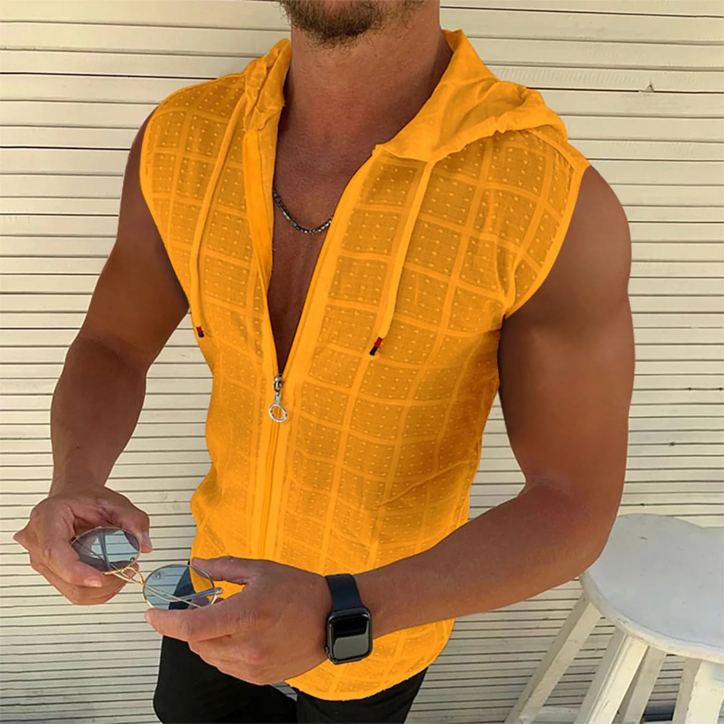 Sports Mesh Tank Top For Boys Mens Hooded Zipper Cardigan T Shirt Summer Fashion Plaid Sleeveless T Shirt Mens 한국인 리뷰 많은 옷 여름