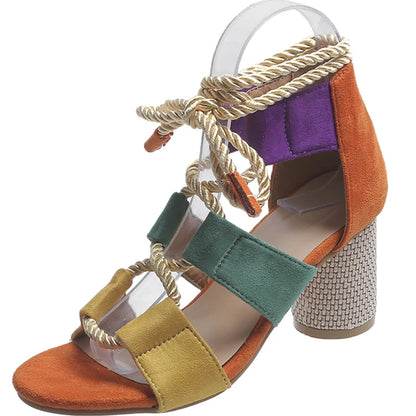 2022 New Trend Summer Chunky Shoes Fashion Women High Heels Sandals Designer Weave Ankle Lace Slides Sexy Open Toe Female Pumps