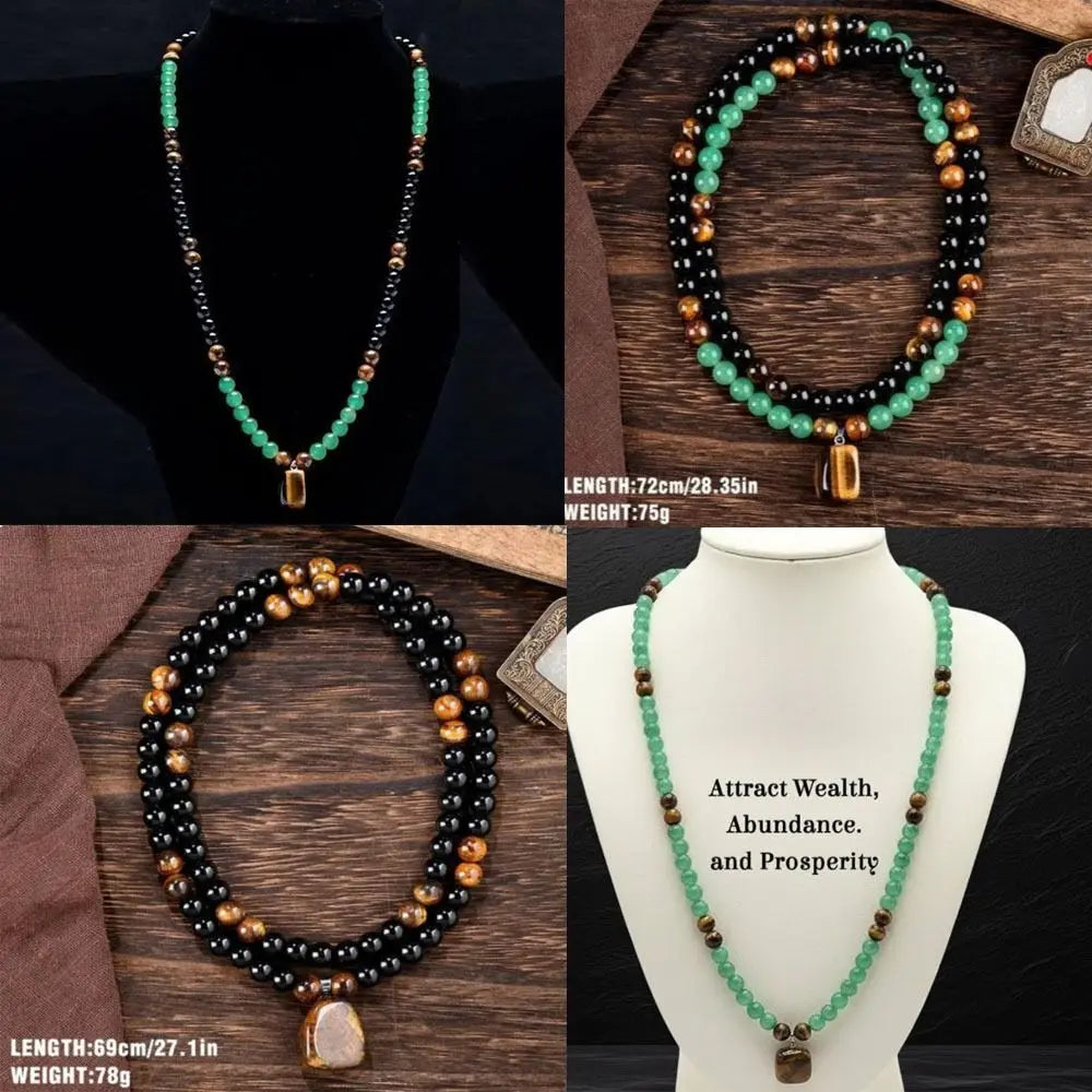 Tiger Eye Long Chain Necklace Bring Good Luck Green Aventurine Beaded Necklace Protection Beaded Long Chain Pendant Necklace