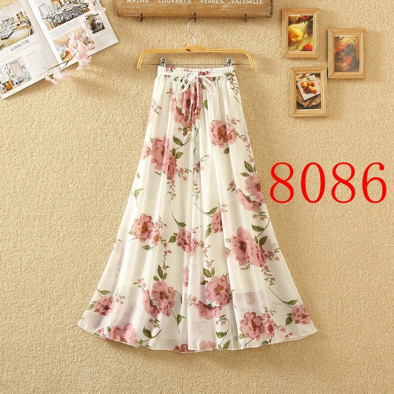 Elegant Chiffon Long Skirts For Women Autumn Casual Women's Floral Print Maxi Skirt Female High Waist Elastic A-Line Skirts
