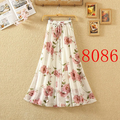 Elegant Chiffon Long Skirts For Women Autumn Casual Women's Floral Print Maxi Skirt Female High Waist Elastic A-Line Skirts