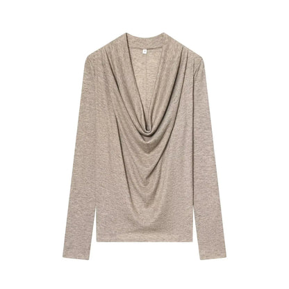 BSAY Knitted T-shirt Women Fashion Autumn Winter Tee Pullover Top Chic Female Long Sleeved draped neckline T-Shirts Mjuer