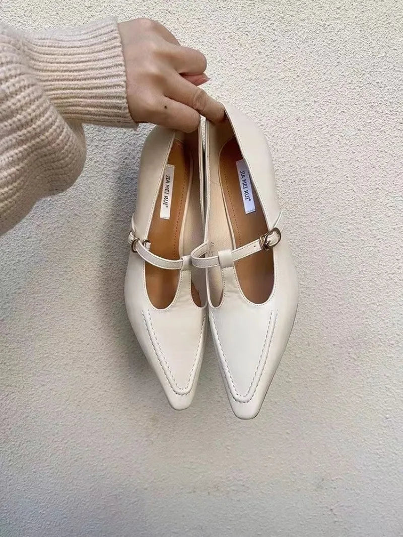 2026 Woman Fashion Pointed Toe Buckle Shoes Apricot Retro Kawaii Solid Female Shoes Flats Casual Shallow Mouth Mary Jane Shoes