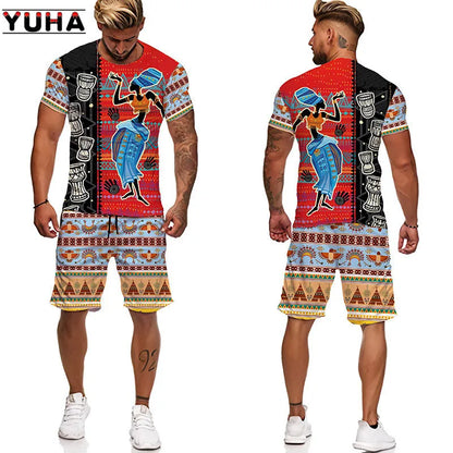 YUHA,3D Printed Men T-shirt Shorts Set 2pc Hip Hop Style Short Sleeve O-neck Summer African Folk-custom Pattern Men's Clothing S