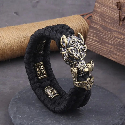 Never Fade Rock Viking Wolf Bracelet Men's handmade cord Wolf Bead Punk Bracelets Biker Jewelry