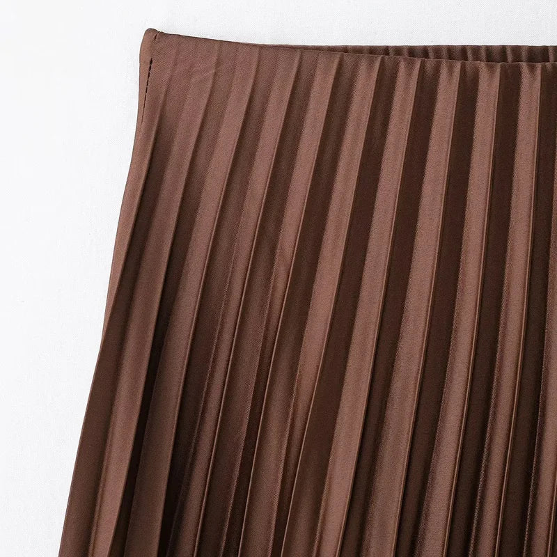 TRAF Elegant Party Midi Skirts 2025 Women's Spring Mid Waist Pleated Skirts Fashion Casual Vintage Beige Brown Long Skirts