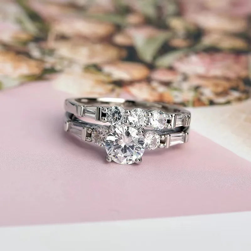 2Pcs Cubic Zirconia Engagement Ring Set |  Plated Bridal Wedding Band for Women