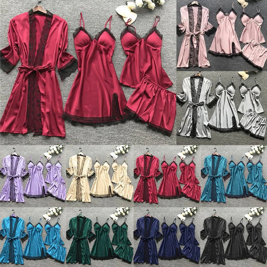 Large Size 4 Piece Women Pajama Sets Sexy Lace Embroidery Robe With Nightdress Outfits Loungewear Satin Silky Pyjama Sets