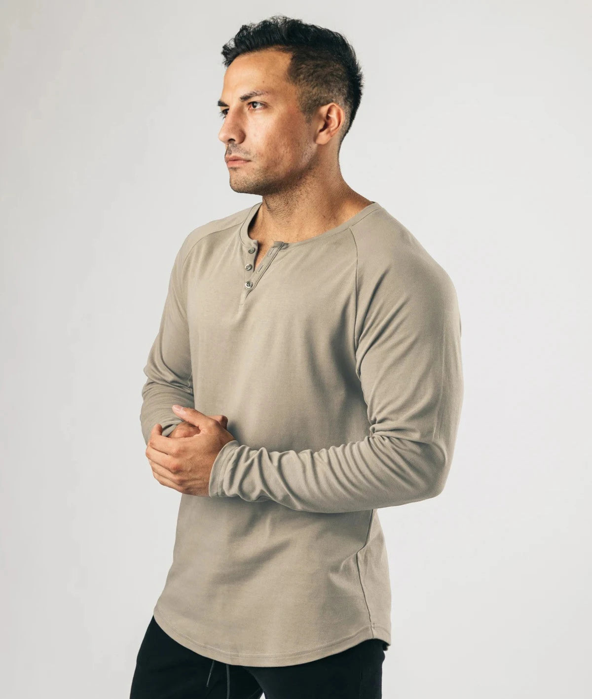 Men Muscle Shirt Long Sleeve T-shirt Solid Vintage Henley Shirts Sports Fitness Casual Cotton Stretch Thin V-neck Tee