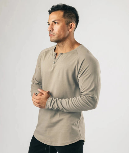 Men Muscle Shirt Long Sleeve T-shirt Solid Vintage Henley Shirts Sports Fitness Casual Cotton Stretch Thin V-neck Tee