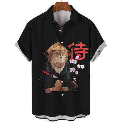 Casual Hawaiian Shirt Man Japanese Bushido 3d Pattern Shirt Men's Shirts Cartoon Animal Cat 3d Printing Men's Shirt Men Clothing
