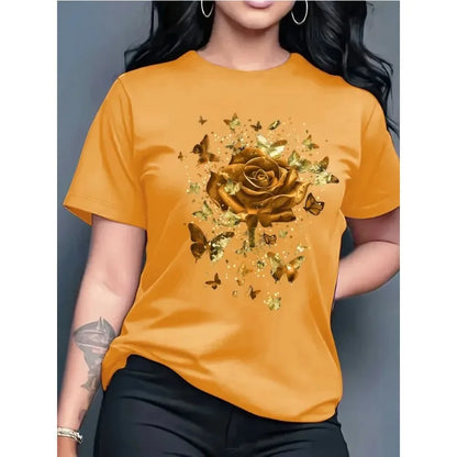 Women's Casual Short-sleeved Round Neck T-shirt - Bright Butterfly and Rose Pattern Print, Spring and Summer Women's T-shirt
