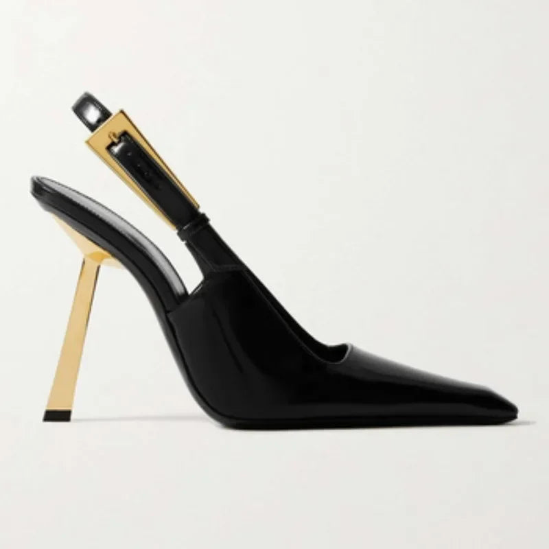 Elegant Fashionable Black Pointed Toe Thin Heel Single Shoes Patent Leather Buckle High Heels Stylish Luxurious