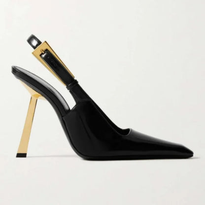 Elegant Fashionable Black Pointed Toe Thin Heel Single Shoes Patent Leather Buckle High Heels Stylish Luxurious