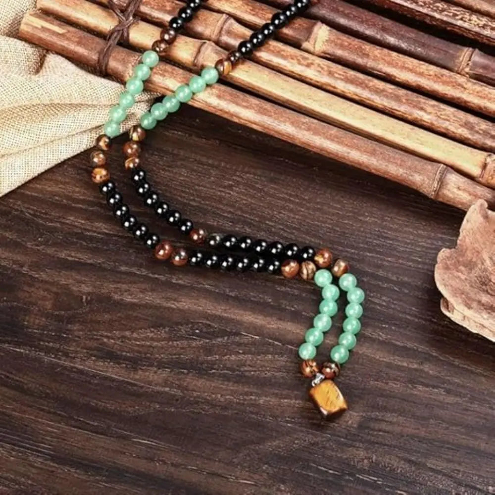 Tiger Eye Long Chain Necklace Bring Good Luck Green Aventurine Beaded Necklace Protection Beaded Long Chain Pendant Necklace
