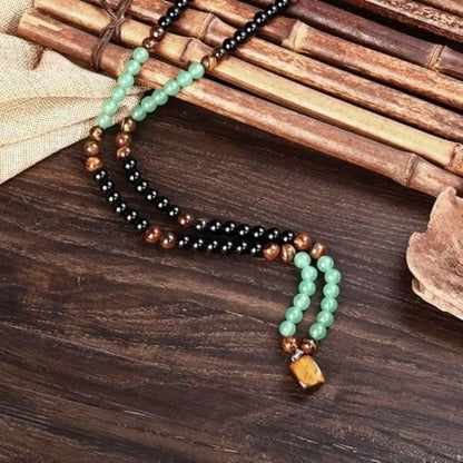 Tiger Eye Long Chain Necklace Bring Good Luck Green Aventurine Beaded Necklace Protection Beaded Long Chain Pendant Necklace