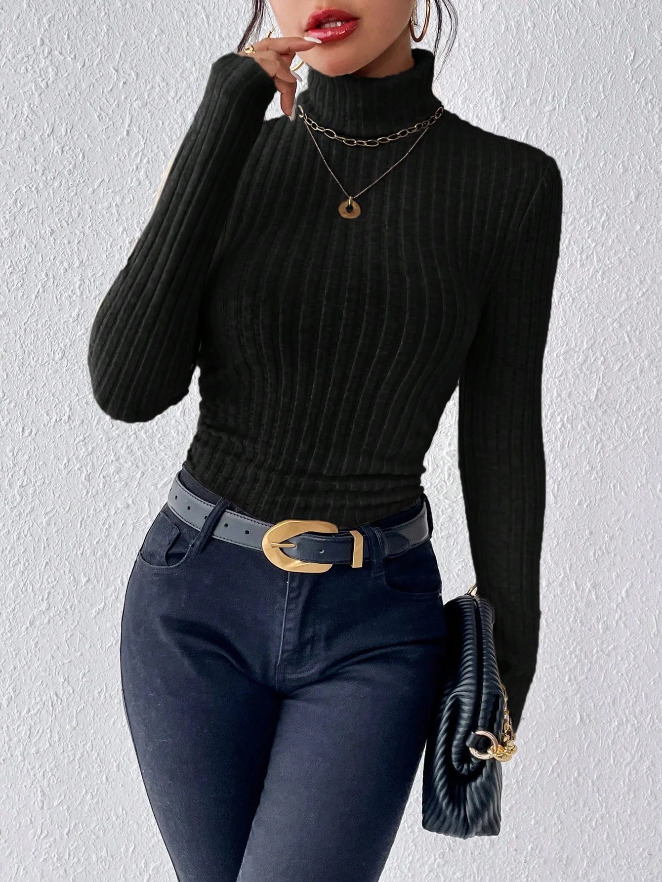 Autumn and winter high-neck solid color casual and elegant long-sleeved brushed pit knitted T-shirt top