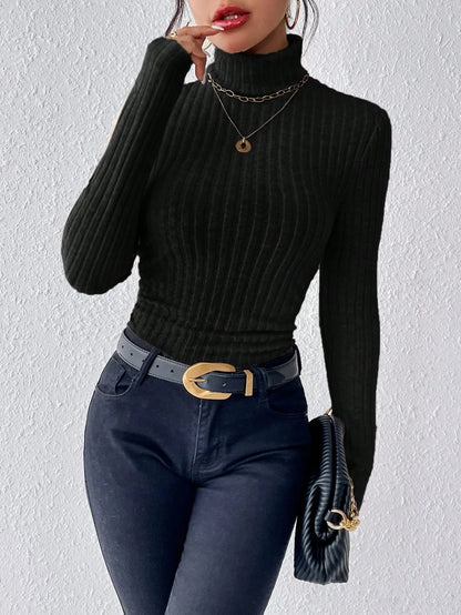 Autumn and winter high-neck solid color casual and elegant long-sleeved brushed pit knitted T-shirt top