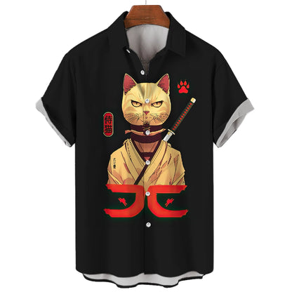 Casual Hawaiian Shirt Man Japanese Bushido 3d Pattern Shirt Men's Shirts Cartoon Animal Cat 3d Printing Men's Shirt Men Clothing