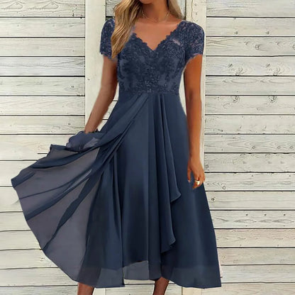 Women's Chiffon Long Dresses A Line V Neck Lace Panel Hollow Prom Dresses Ladies Bridesmaid Evening Dresses Short Sleeve Dress