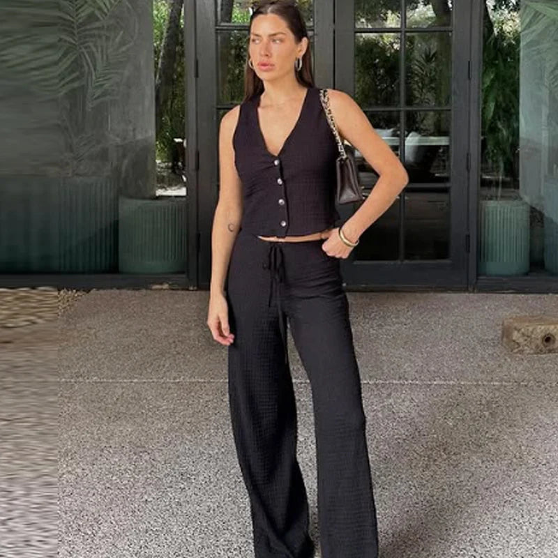 HXAO Textured Pant Sets Women's Two Pieces Set Crop V-Neck Sleeveless Vest 2 Piece Sets Woman Outfit Lace-Up Trousers Sets Suits
