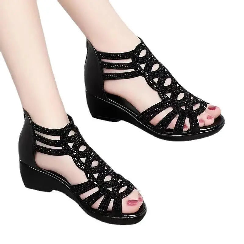 Real Soft Leather Roman Sandals Women's Chunky Heel Mom Shoes Fashion Outerwear Women's Sandals Wedge Women's Shoes 2023