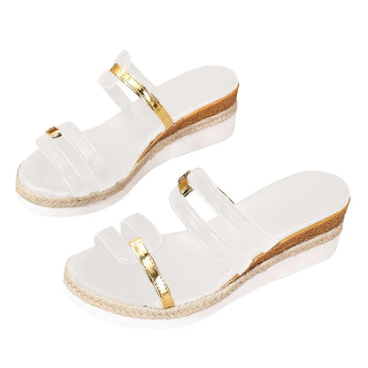 Summer Casual Color Blocking Sandals For Women Fashion Solid Comfortable Soft Leather Thick Soled Slope Woven Straw Sandals