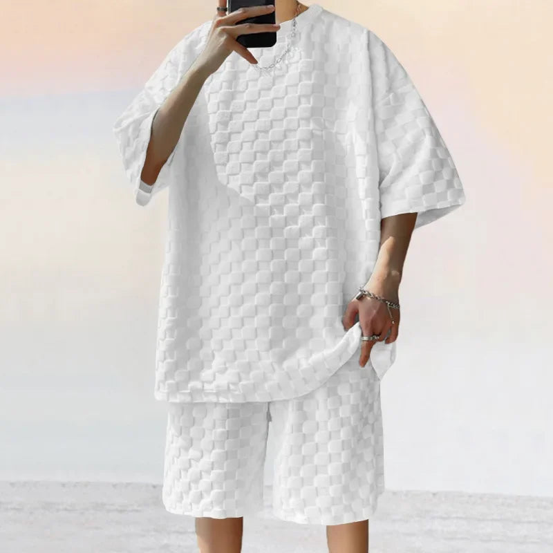 Men's Summer Checkered Loose Two-piece Sports Leisure Suit Short Sleeve T-shirt Shorts Casual Suit Plus Size Fashion Men's Suit