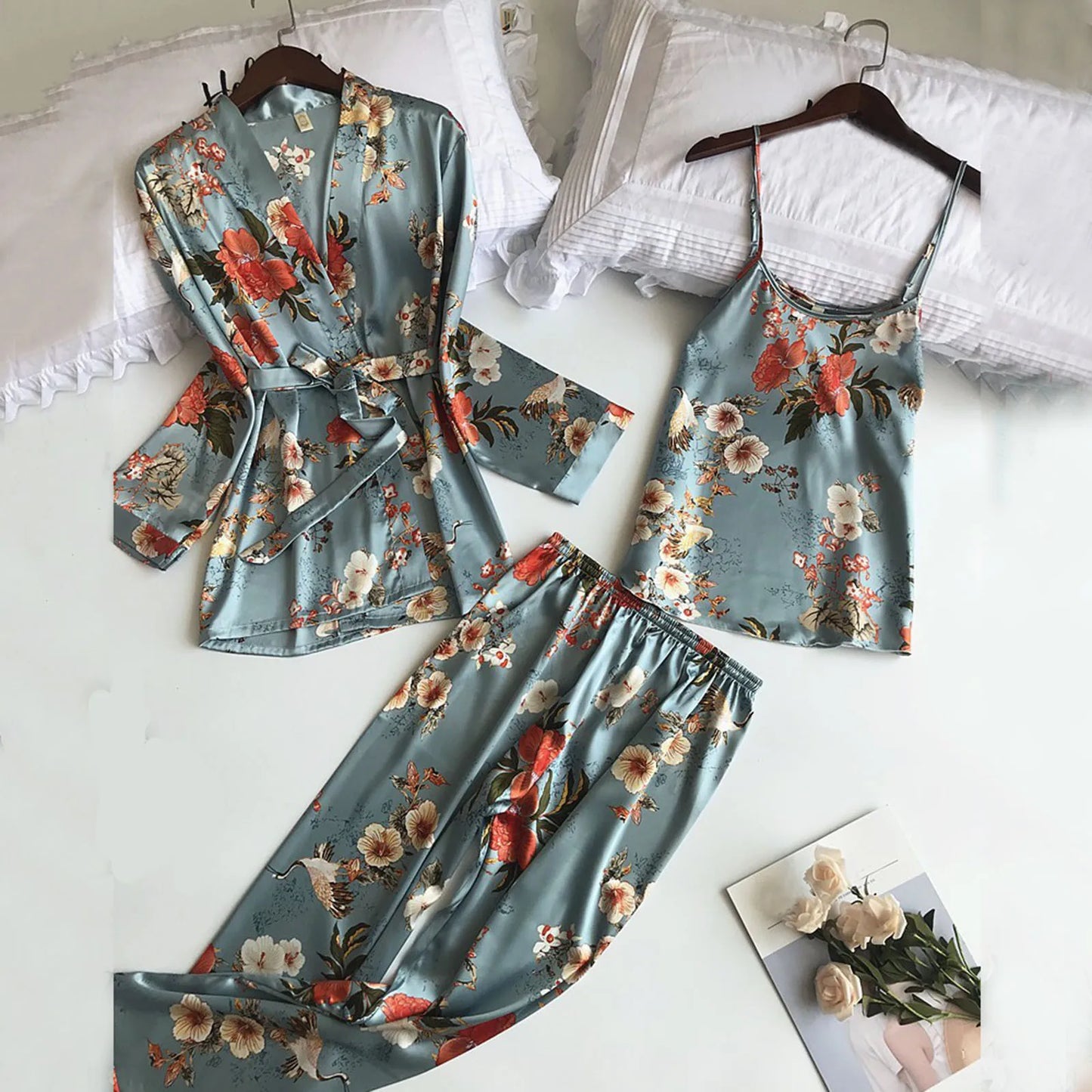 Women's Printed Pajamas Set Homewear Nightdress Trousers Belt Robe Three Piece Suits Sexy Sleepwear Loungewear Pj Sets Pyjama 