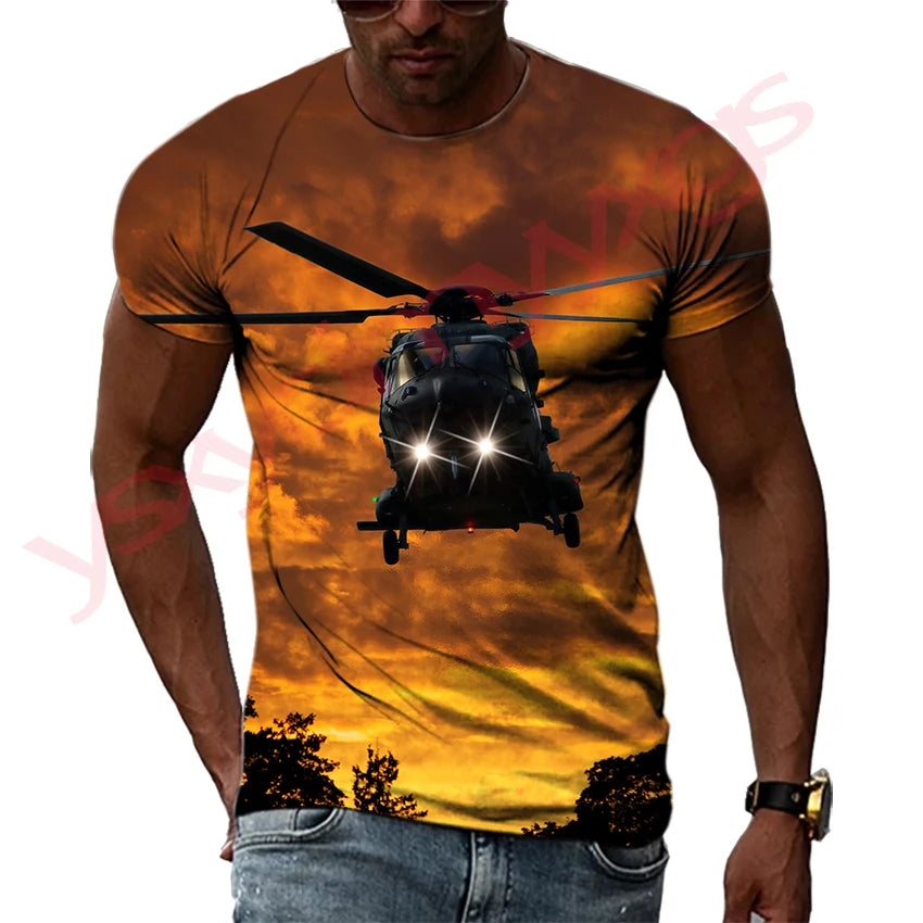 Summer Helicopter Pattern  Men's T-shirt Hip Hop 3D Print Personality   Neck Short Sleeve  Fashion Clothes