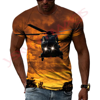 Summer Helicopter Pattern  Men's T-shirt Hip Hop 3D Print Personality   Neck Short Sleeve  Fashion Clothes