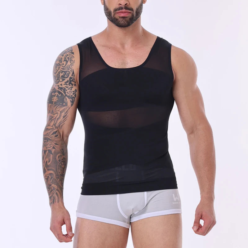 Men's Cross Mesh Vest Compression Shirts Breathable Sleeveless Tank Top Shapewear Fajas Slimming Tummy Control Body Shaper